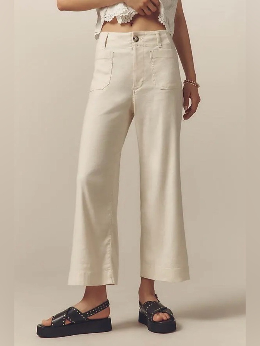 Anthropologie Maeve Colette European Linen Stretch Wide Leg Pants Chalk White